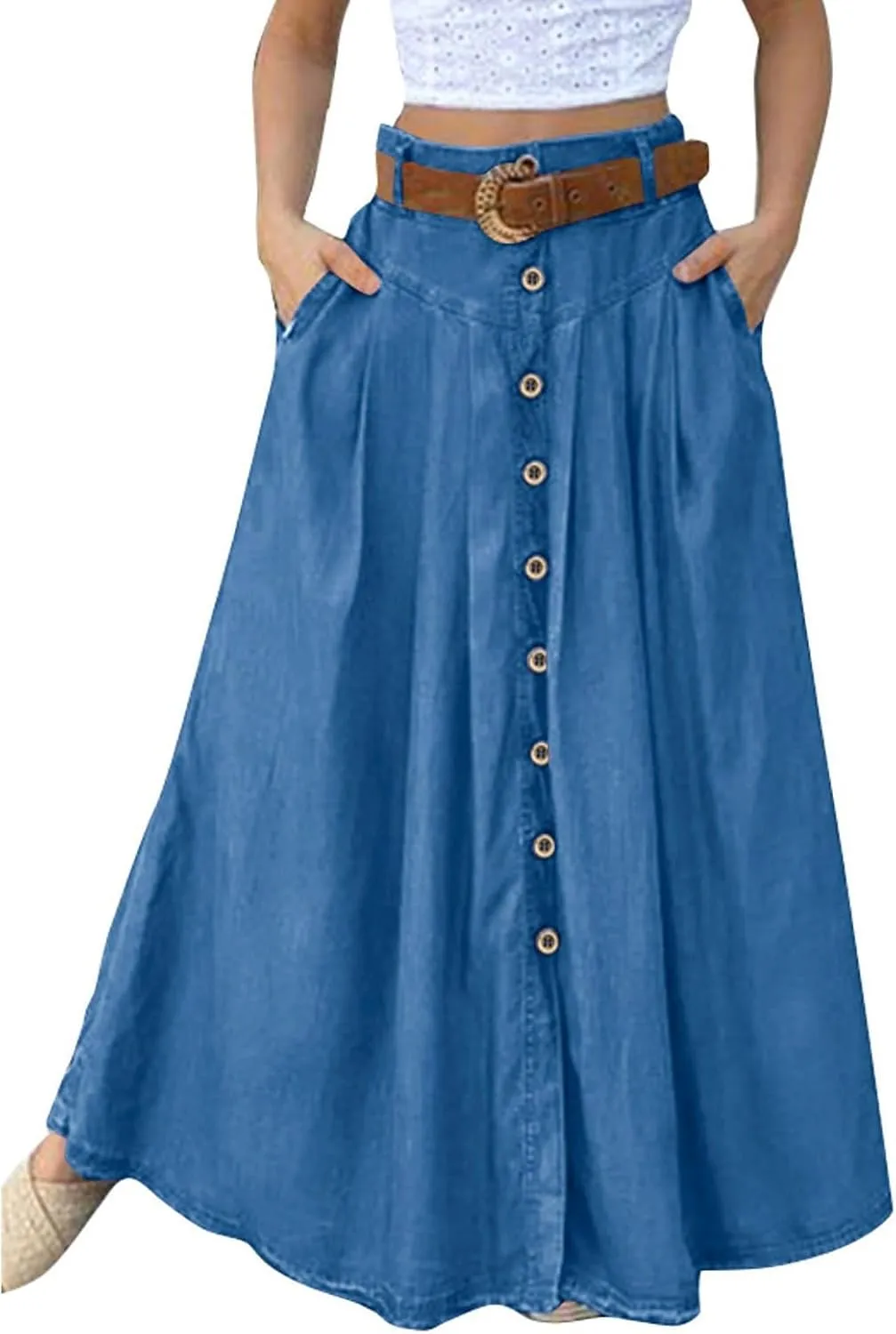 Women's Casual Retro High Waist Solid Wrap Button Belt Skirt Vintage Stretch Retro Denim Maxi Skirt with Pockets