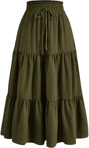 Women's Casual Skirts Summer Boho Flowy Midi Skirt A Line Pleated Long Skirts Tiered Elastic High Waisted Skirt