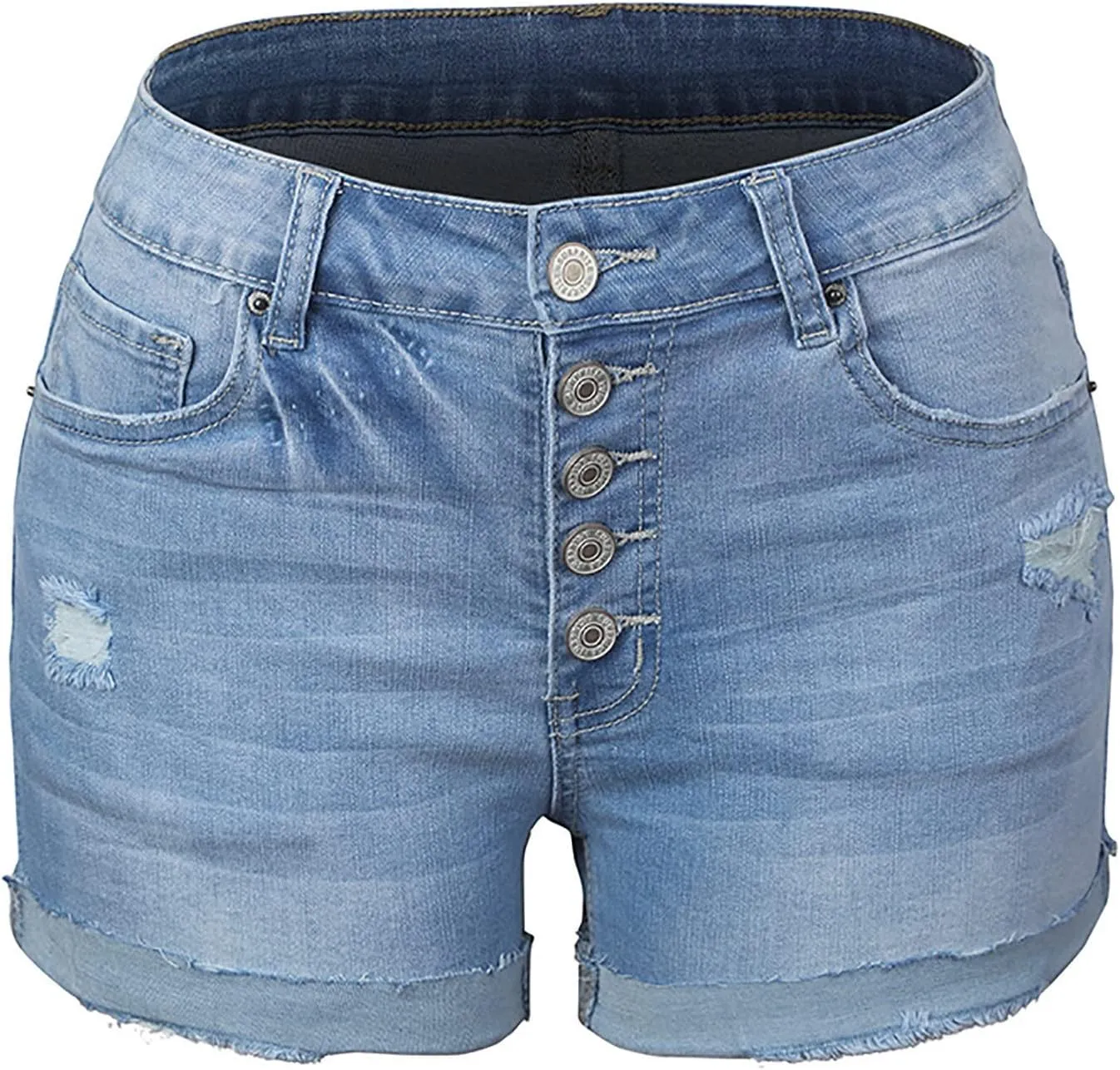 Womens Casual Stretch Denim Shorts High Waisted Casual Ripped Hot Shorts Folded Hem Button Beach Jeans Shorts