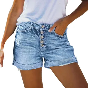 Womens Casual Stretch Denim Shorts High Waisted Casual Ripped Hot Shorts Folded Hem Button Beach Jeans Shorts