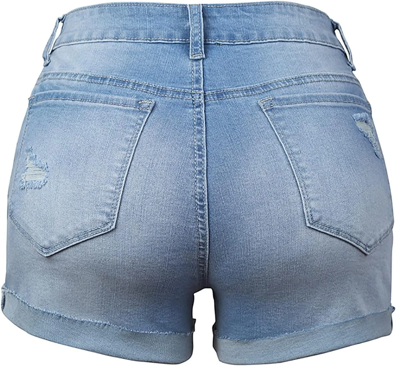 Womens Casual Stretch Denim Shorts High Waisted Casual Ripped Hot Shorts Folded Hem Button Beach Jeans Shorts