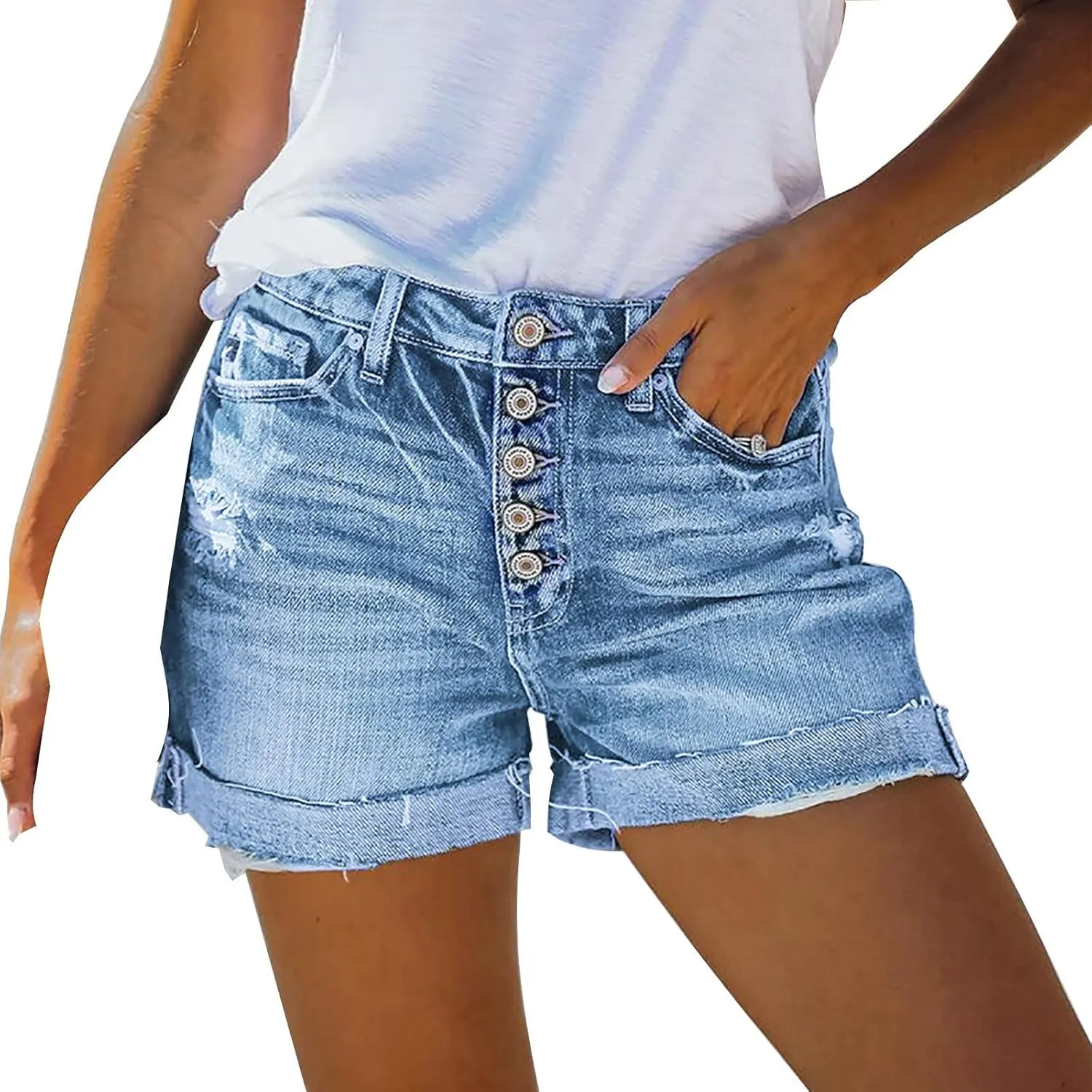 Womens Casual Stretch Denim Shorts High Waisted Casual Ripped Hot Shorts Folded Hem Button Beach Jeans Shorts