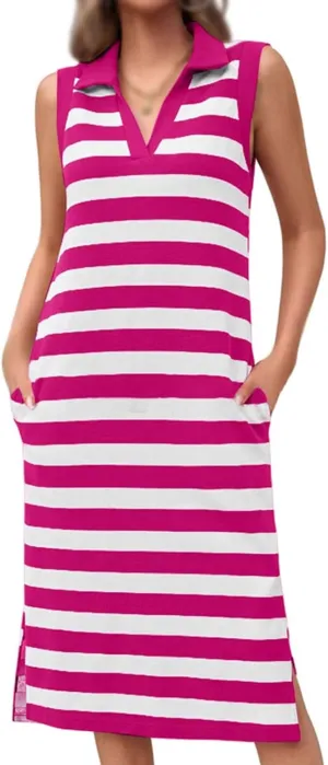 Womens Casual Summer Dress Striped Polo V Neck Side Split Sleeveless T Shirt Dress Spring Cute Loose Fit Midi Dress