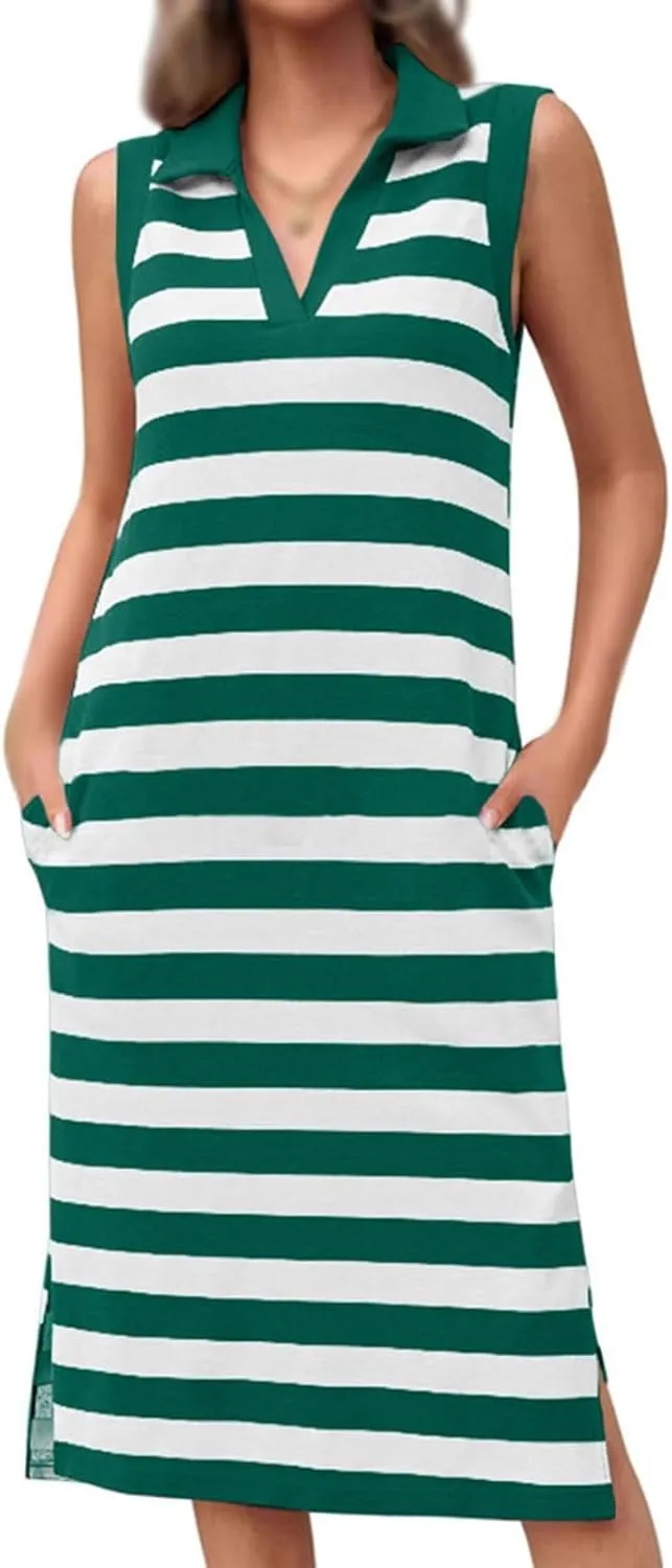 Womens Casual Summer Dress Striped Polo V Neck Side Split Sleeveless T Shirt Dress Spring Cute Loose Fit Midi Dress