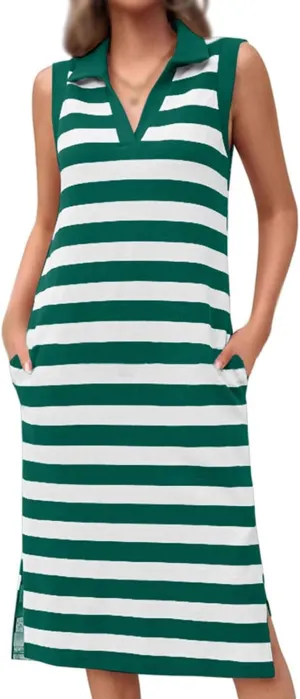 Womens Casual Summer Dress Striped Polo V Neck Side Split Sleeveless T Shirt Dress Spring Cute Loose Fit Midi Dress