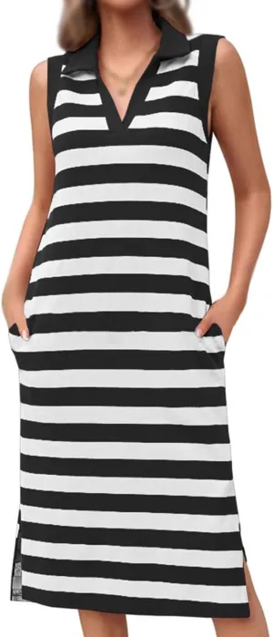 Womens Casual Summer Dress Striped Polo V Neck Side Split Sleeveless T Shirt Dress Spring Cute Loose Fit Midi Dress