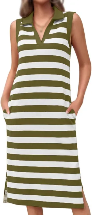 Womens Casual Summer Dress Striped Polo V Neck Side Split Sleeveless T Shirt Dress Spring Cute Loose Fit Midi Dress