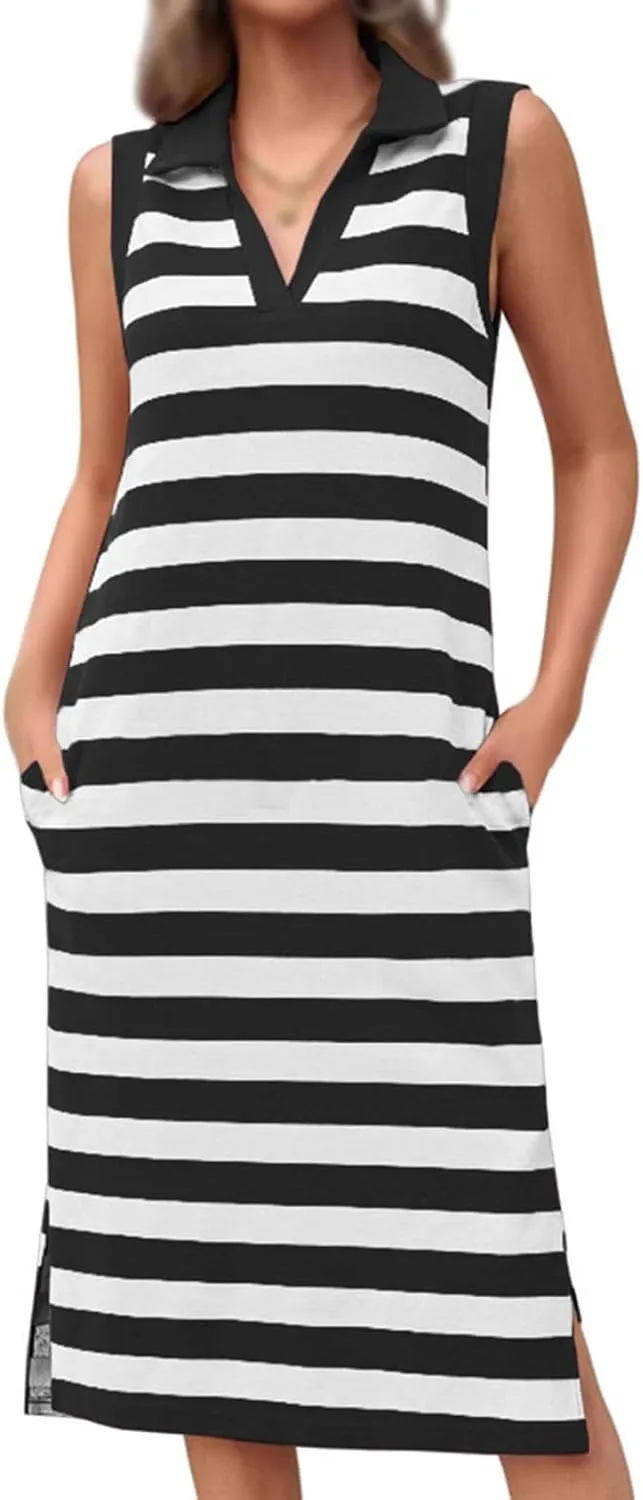 Womens Casual Summer Dress Striped Polo V Neck Side Split Sleeveless T Shirt Dress Spring Cute Loose Fit Midi Dress