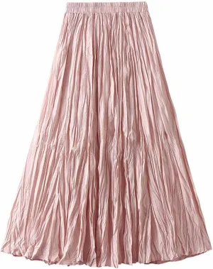 Women's Casual Trendy Classic Midi Wrinkled Skirt A-Line Elastic Waist Swing Pleated Fall Winter Solid Color Skirts