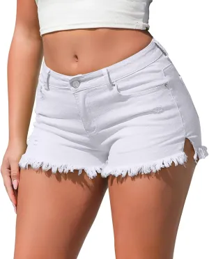Womens Classic Mid-High Waisted Denims Shorts Mini Ripped Straight Leg Jeans Shorts Stretchy Summer Hot Short Pants