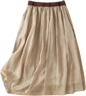 Women's Cotton Linen Skirts High Waist Skirt Vintage Solid Color Wrap Skirt Layered Drawstring Knee Length Skirt
