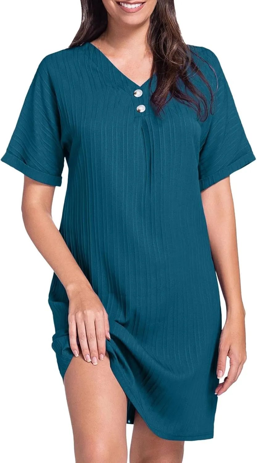 Womens Cotton Shirt Dress Summer Casual Short Sleeve Button Down Beach Cover Up Shirts with Pockets