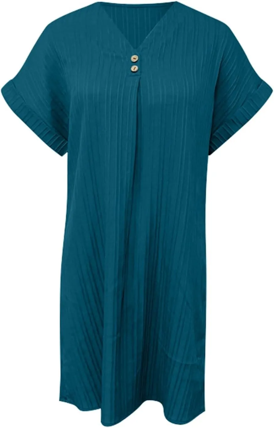 Womens Cotton Shirt Dress Summer Casual Short Sleeve Button Down Beach Cover Up Shirts with Pockets
