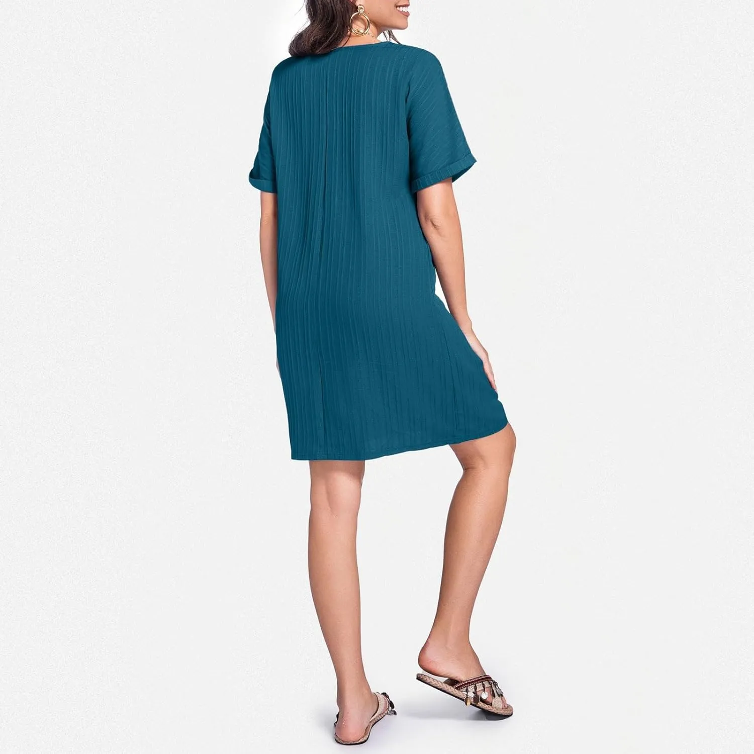 Womens Cotton Shirt Dress Summer Casual Short Sleeve Button Down Beach Cover Up Shirts with Pockets