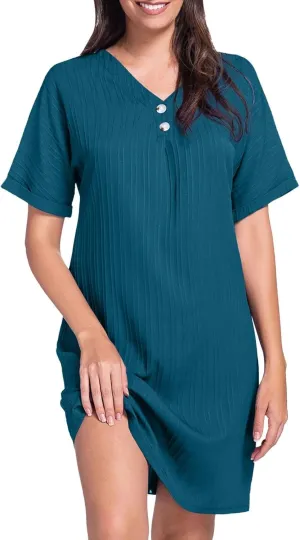 Womens Cotton Shirt Dress Summer Casual Short Sleeve Button Down Beach Cover Up Shirts with Pockets