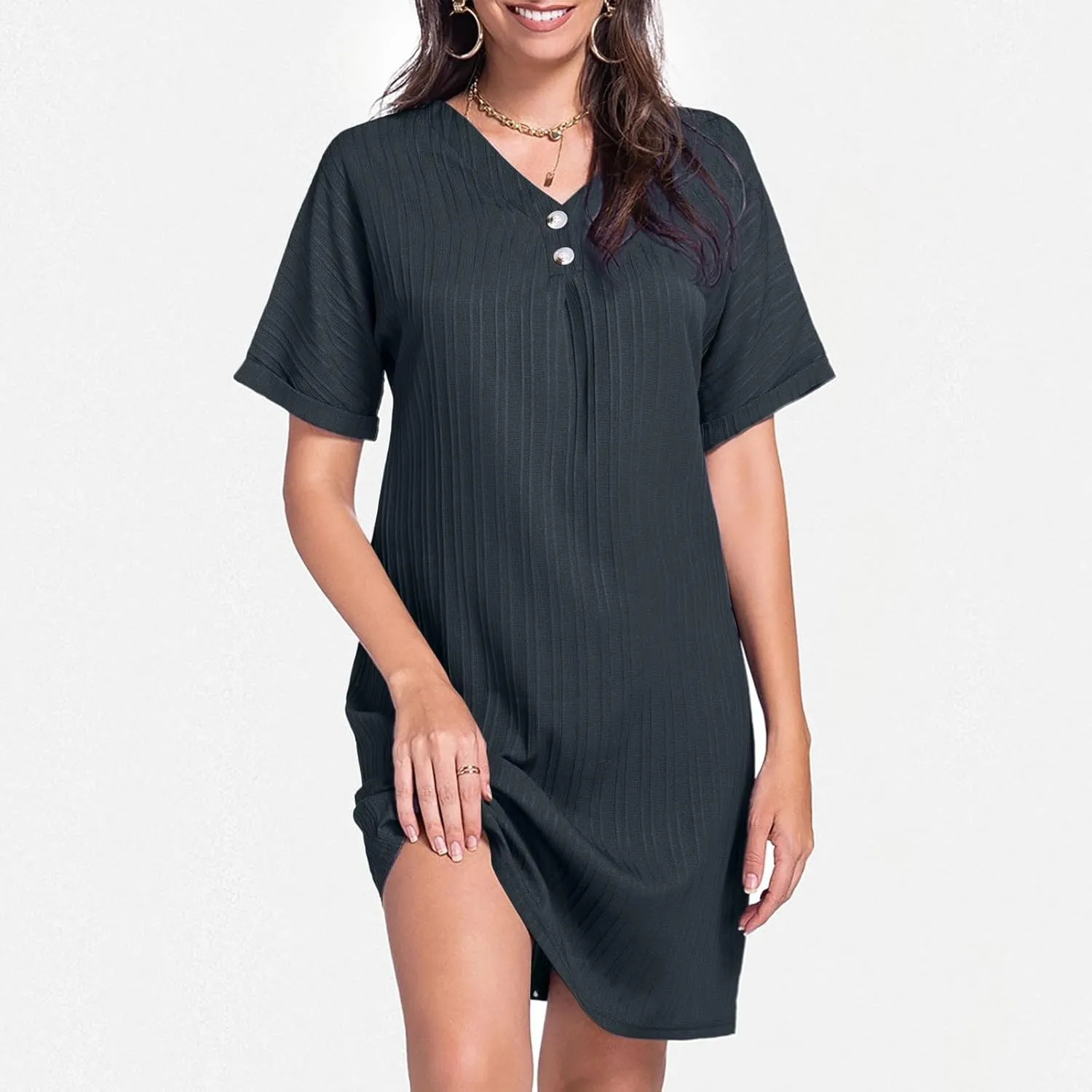 Womens Cotton Shirt Dress Summer Casual Short Sleeve Button Down Beach Cover Up Shirts with Pockets