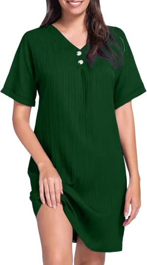 Womens Cotton Shirt Dress Summer Casual Short Sleeve Button Down Beach Cover Up Shirts with Pockets