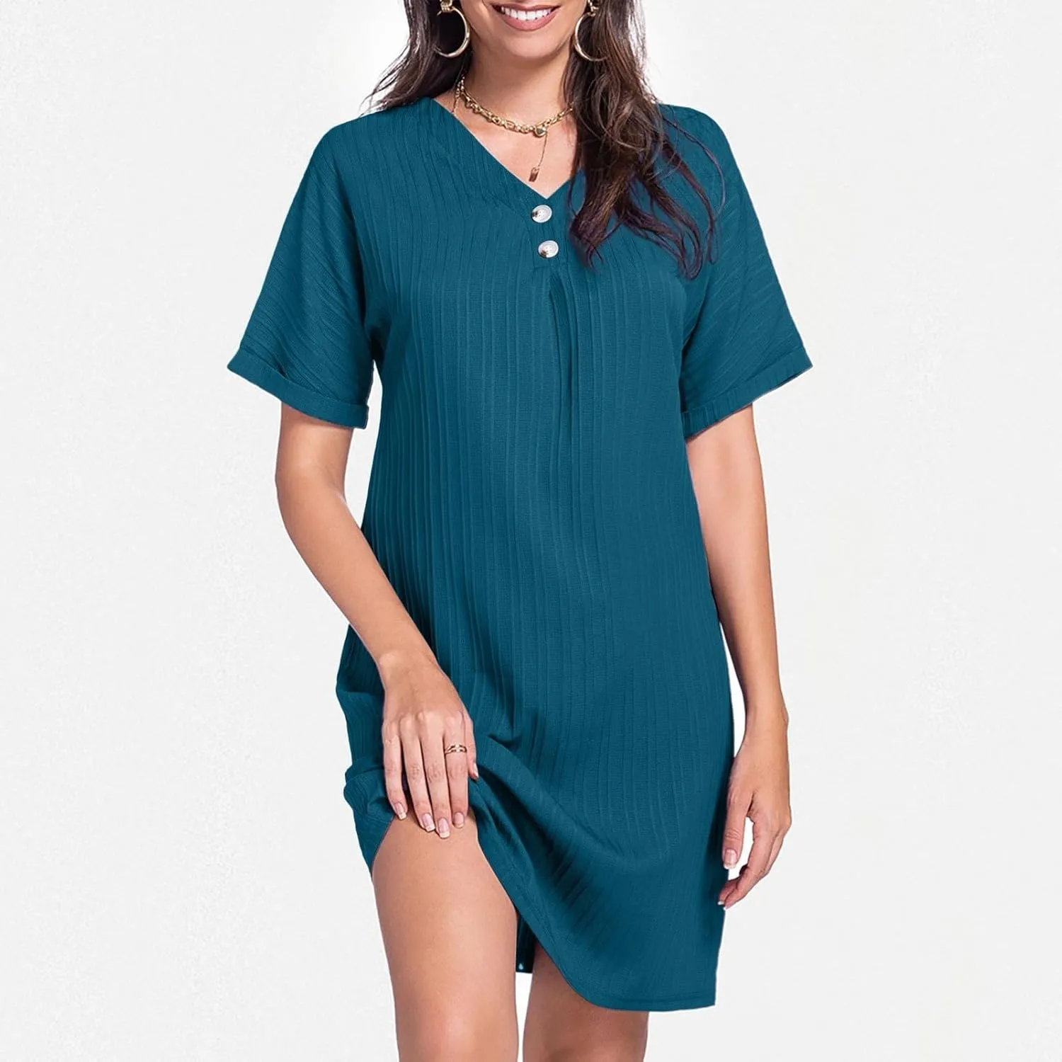 Womens Cotton Shirt Dress Summer Casual Short Sleeve Button Down Beach Cover Up Shirts with Pockets