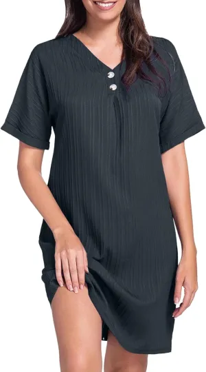 Womens Cotton Shirt Dress Summer Casual Short Sleeve Button Down Beach Cover Up Shirts with Pockets