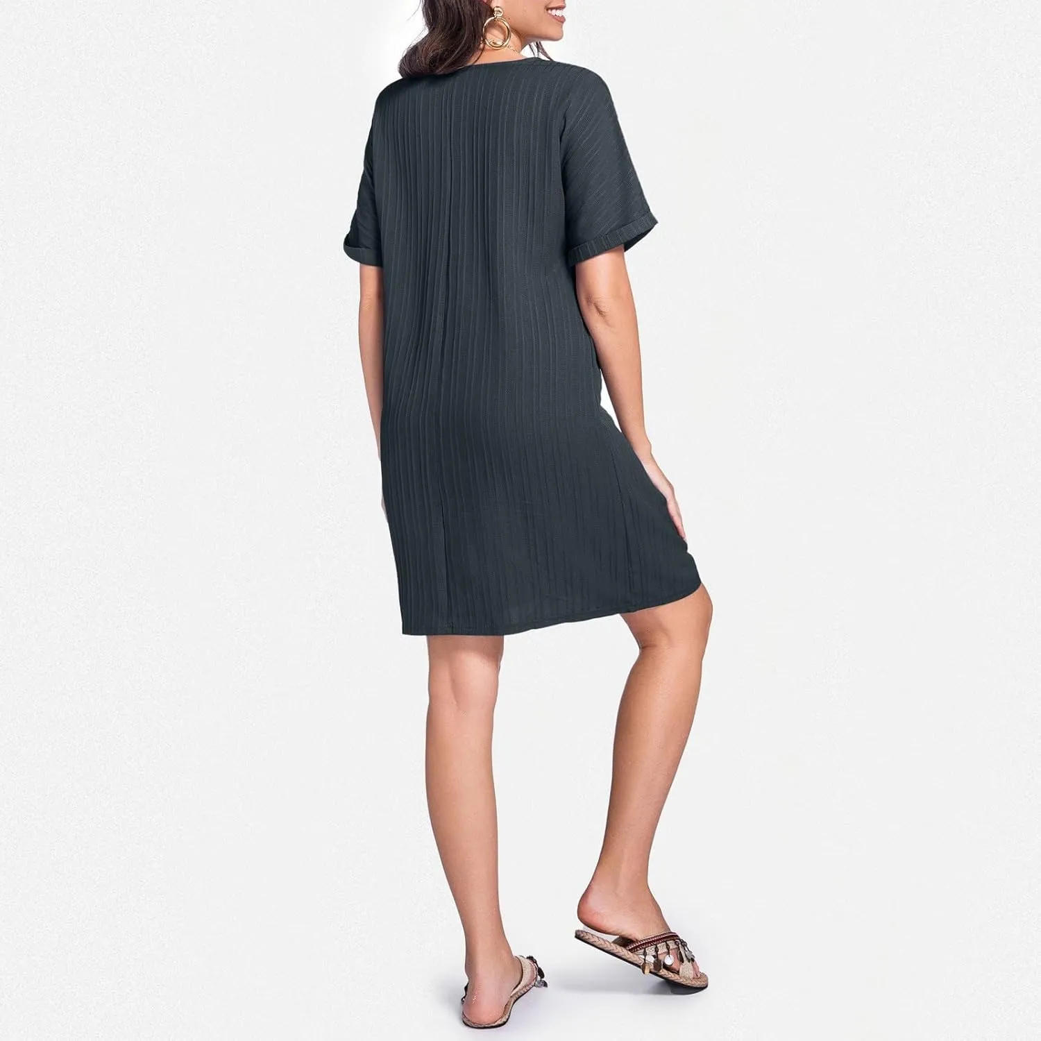Womens Cotton Shirt Dress Summer Casual Short Sleeve Button Down Beach Cover Up Shirts with Pockets
