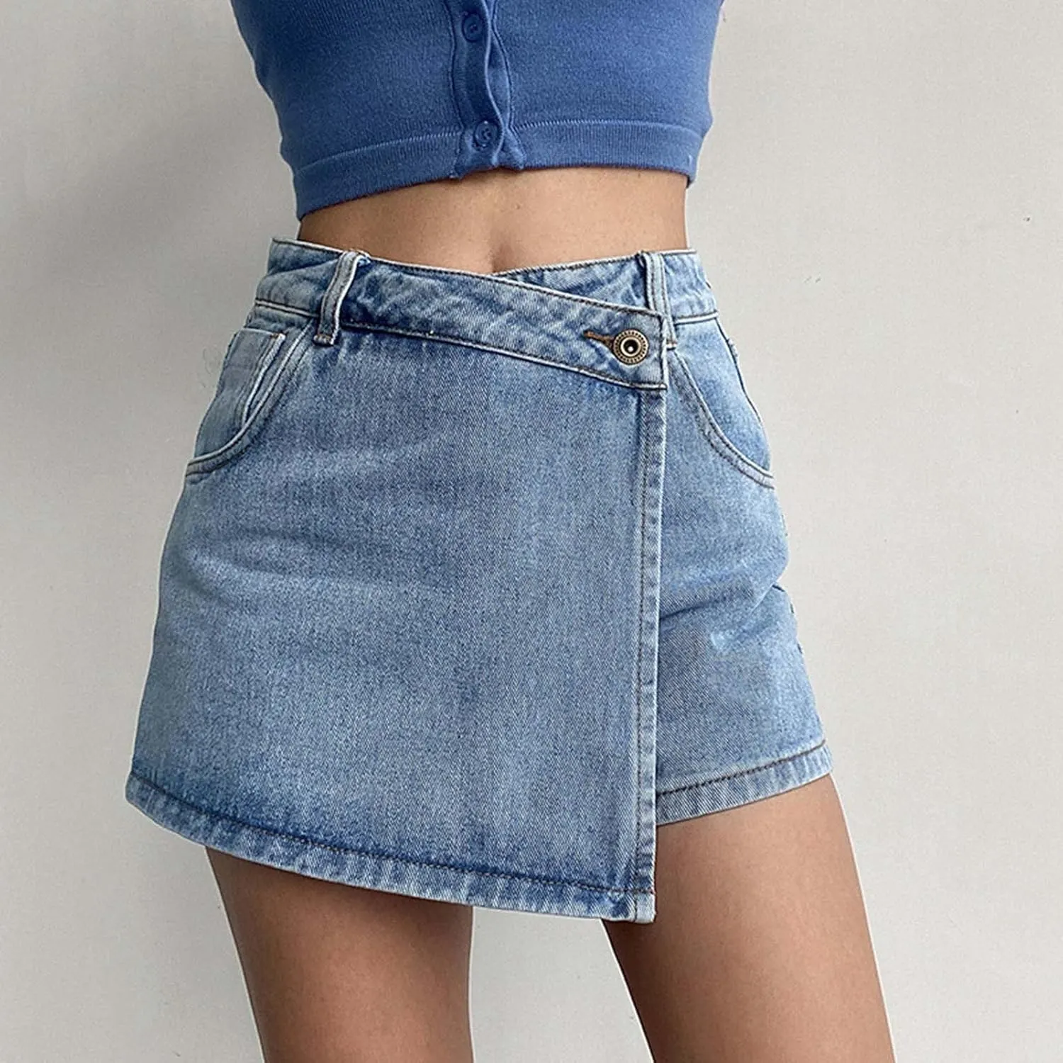 Women's Denim Shorts High Waisted Irregular Design A Line Skorts Shorts Wide Leg Slim Fit Baggy Jeans Shorts with Pockets