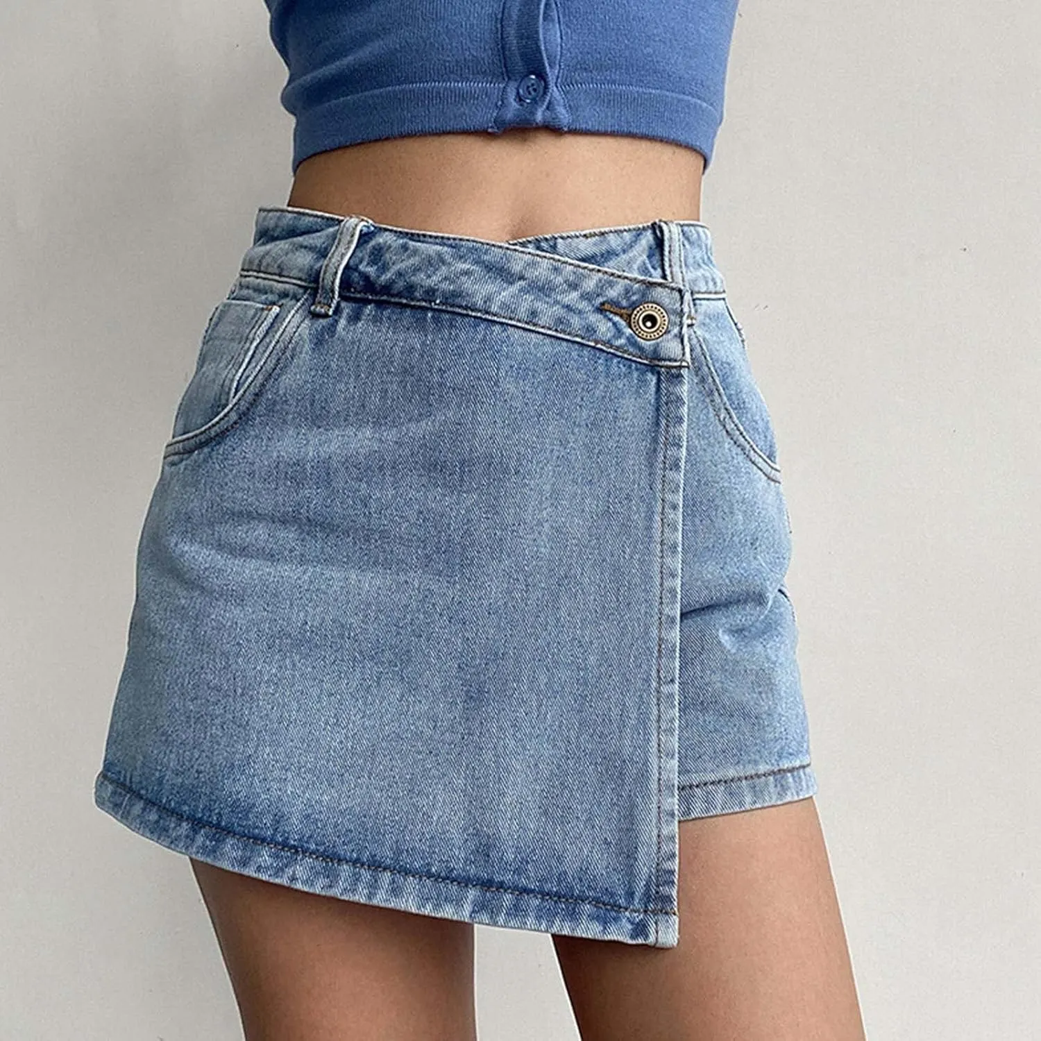 Women's Denim Shorts High Waisted Irregular Design A Line Skorts Shorts Wide Leg Slim Fit Baggy Jeans Shorts with Pockets