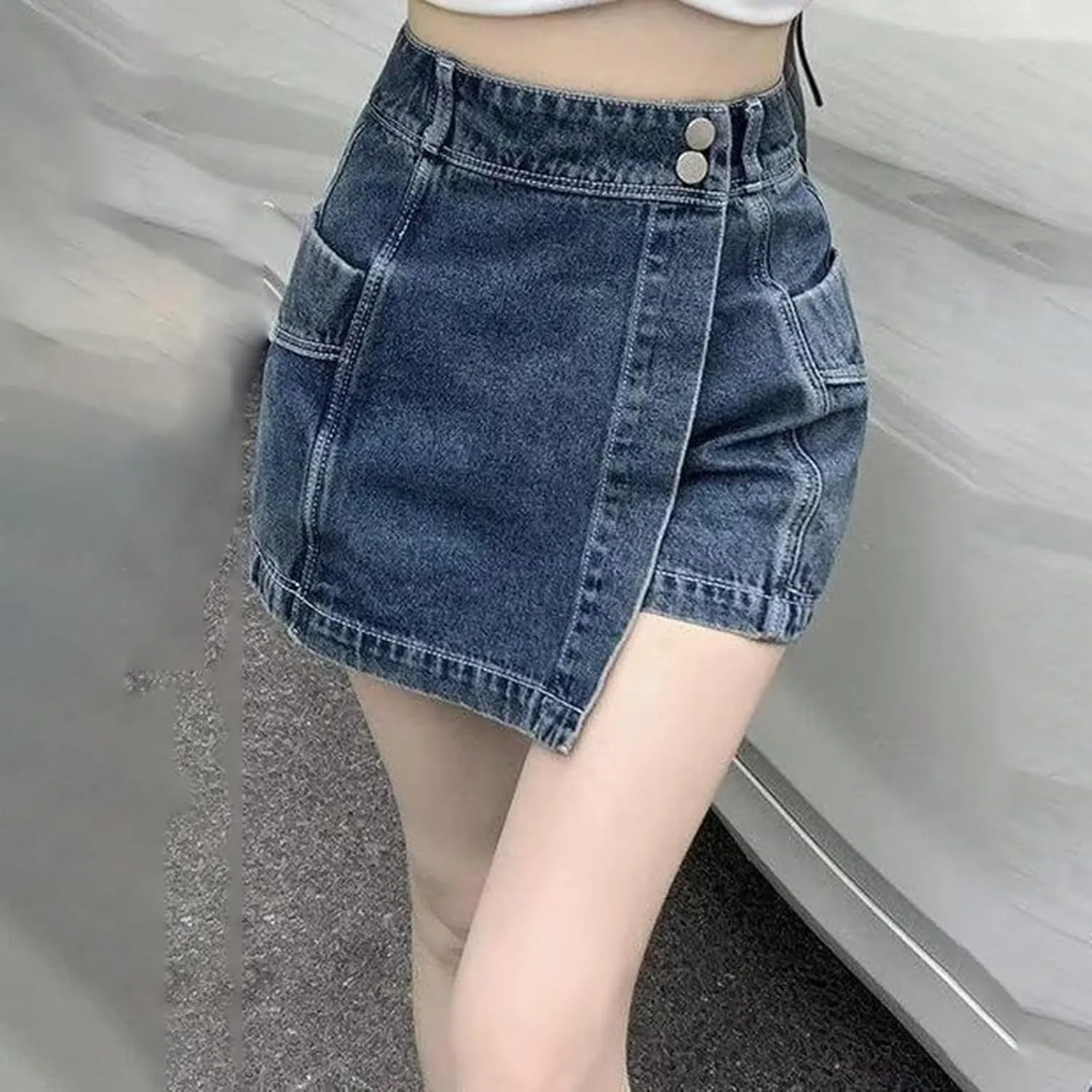 Women's Denim Shorts High Waisted Irregular Design A Line Skorts Shorts Wide Leg Slim Fit Baggy Jeans Shorts with Pockets