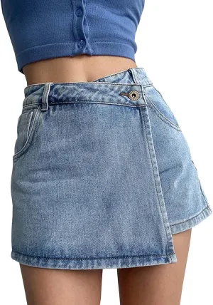 Women's Denim Shorts High Waisted Irregular Design A Line Skorts Shorts Wide Leg Slim Fit Baggy Jeans Shorts with Pockets