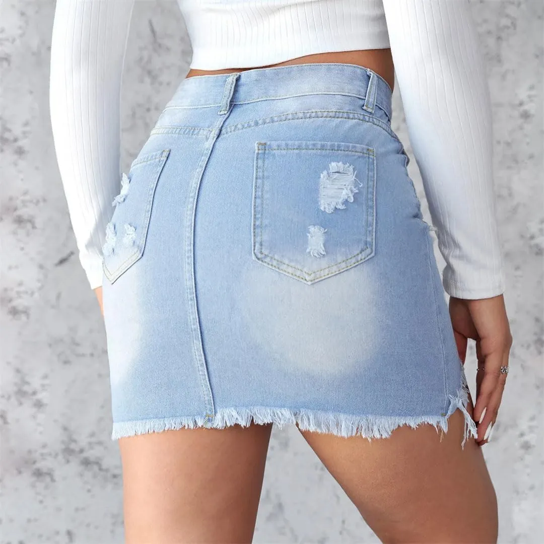 Women's Denim Skirt Short Sexy Ripped Raw Edge Jeans Mini A-Line Skirt
