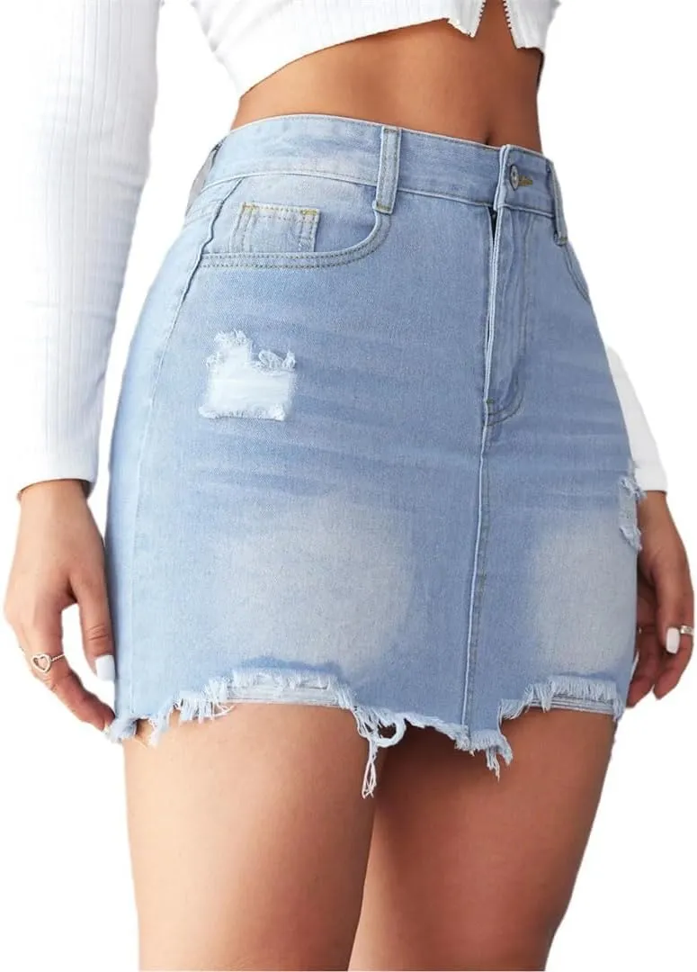 Women's Denim Skirt Short Sexy Ripped Raw Edge Jeans Mini A-Line Skirt