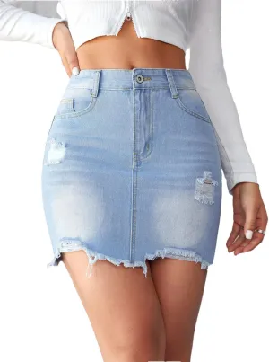 Women's Denim Skirt Short Sexy Ripped Raw Edge Jeans Mini A-Line Skirt