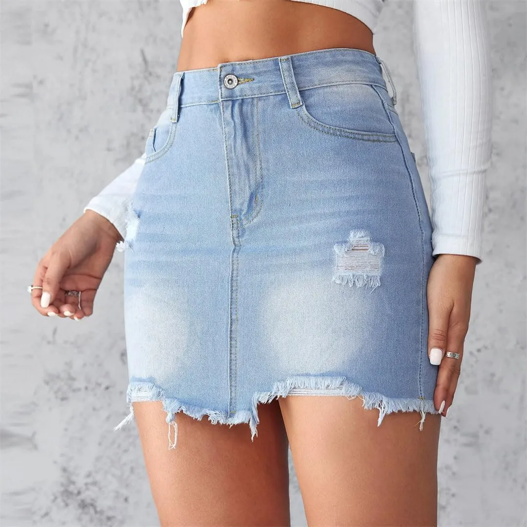 Women's Denim Skirt Short Sexy Ripped Raw Edge Jeans Mini A-Line Skirt