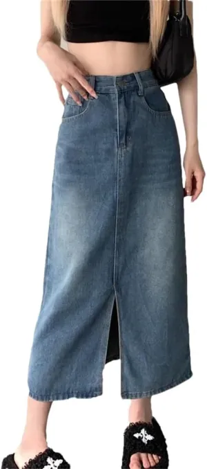 Women's Design Sensibility High-Waisted Slimming A- Line Skirt Side Slit Denim Skirt