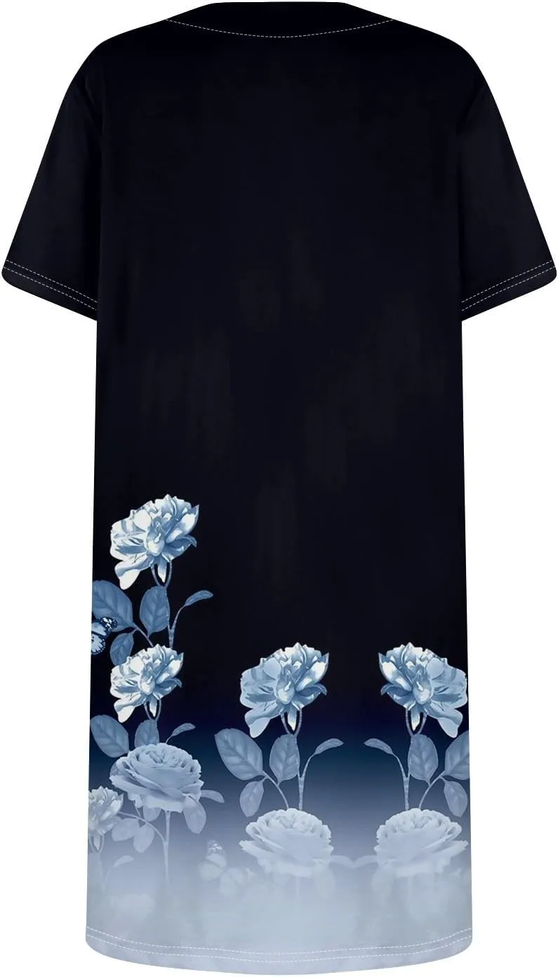 Women's Dresses Summer Square Neck Mini Dress Party Short Sleeve Flowy T-Shirt Dress for Women Cotton with Pockets