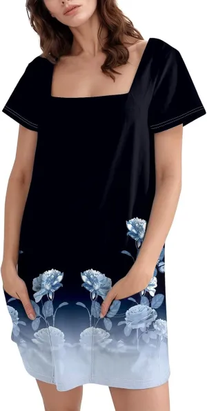 Women's Dresses Summer Square Neck Mini Dress Party Short Sleeve Flowy T-Shirt Dress for Women Cotton with Pockets