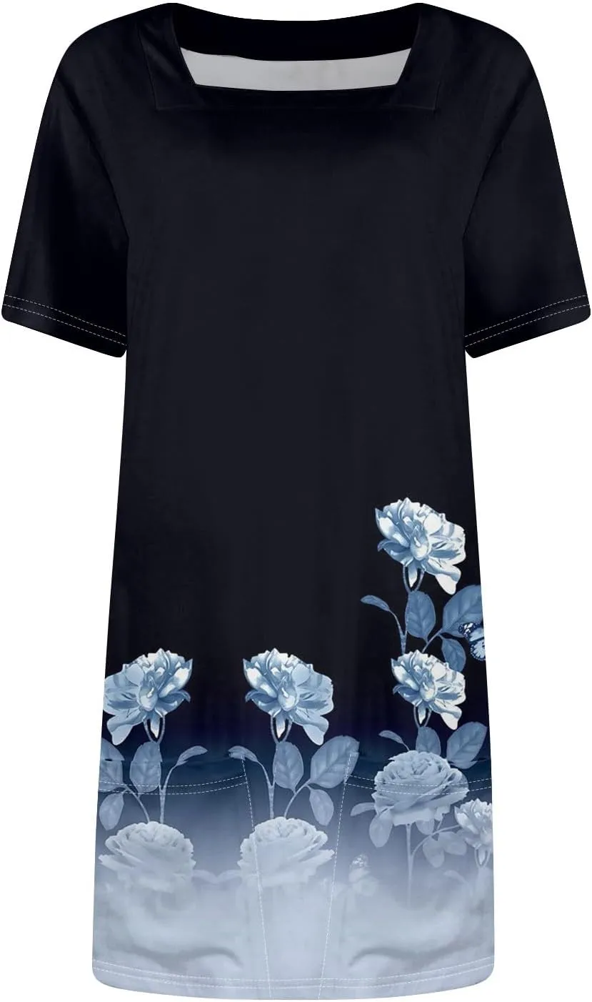 Women's Dresses Summer Square Neck Mini Dress Party Short Sleeve Flowy T-Shirt Dress for Women Cotton with Pockets
