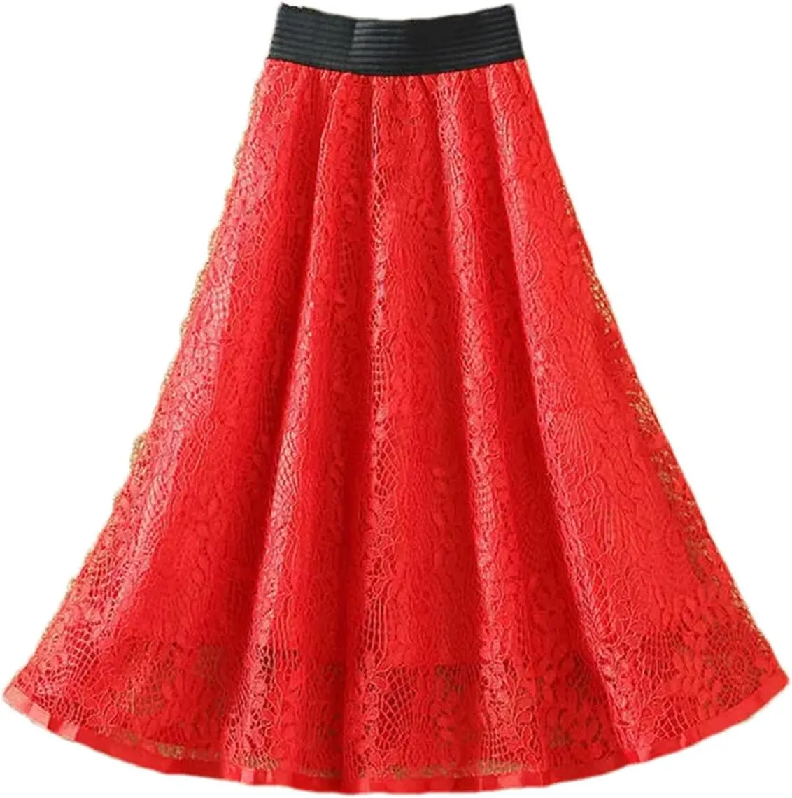 Women's Embroidered Lace Mid Skirt Summer Office High Waist Slim A-Line Skirt