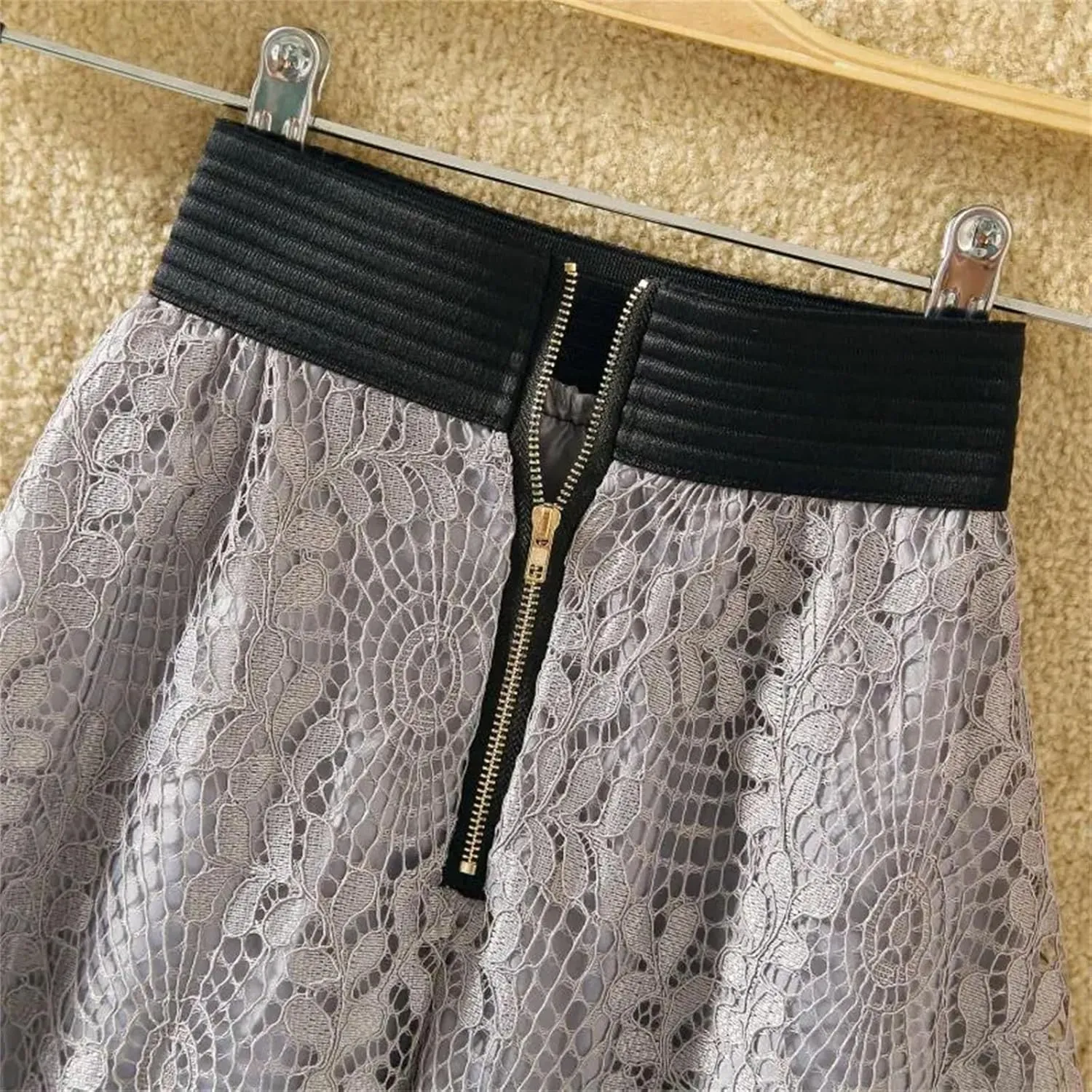 Women's Embroidered Lace Mid Skirt Summer Office High Waist Slim A-Line Skirt