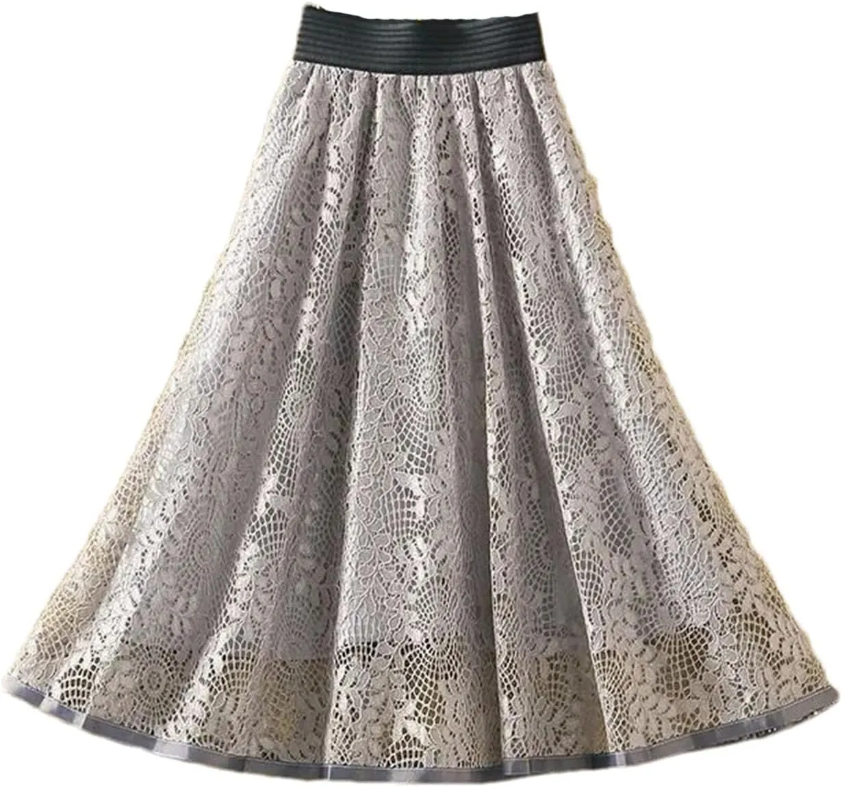 Women's Embroidered Lace Mid Skirt Summer Office High Waist Slim A-Line Skirt