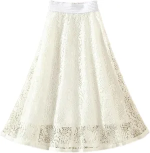 Women's Embroidered Lace Mid Skirt Summer Office High Waist Slim A-Line Skirt