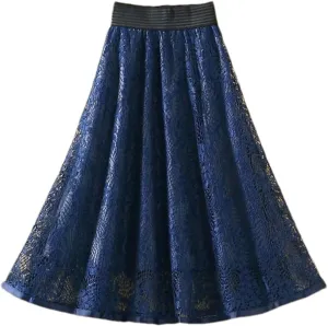 Women's Embroidered Lace Mid Skirt Summer Office High Waist Slim A-Line Skirt
