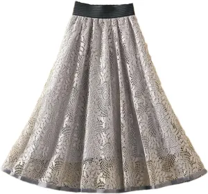 Women's Embroidered Lace Mid Skirt Summer Office High Waist Slim A-Line Skirt