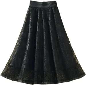 Women's Embroidered Lace Mid Skirt Summer Office High Waist Slim A-Line Skirt