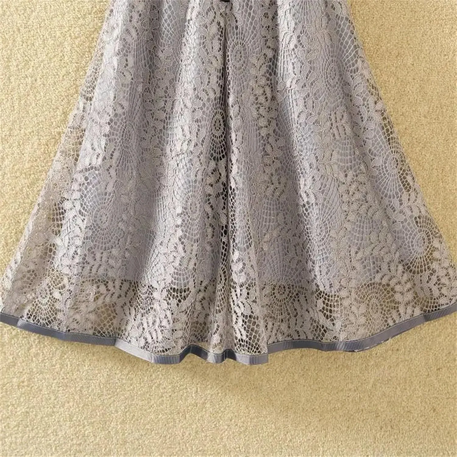 Women's Embroidered Lace Mid Skirt Summer Office High Waist Slim A-Line Skirt
