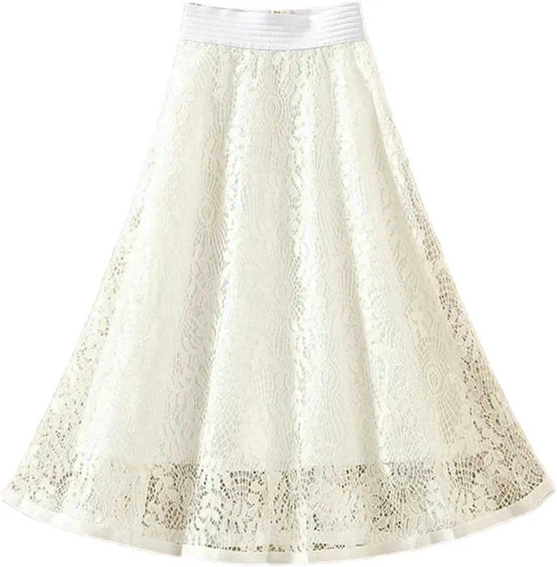 Women's Embroidered Lace Mid Skirt Summer Office High Waist Slim A-Line Skirt