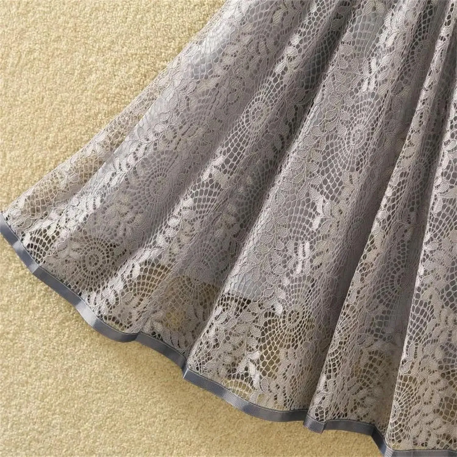 Women's Embroidered Lace Mid Skirt Summer Office High Waist Slim A-Line Skirt