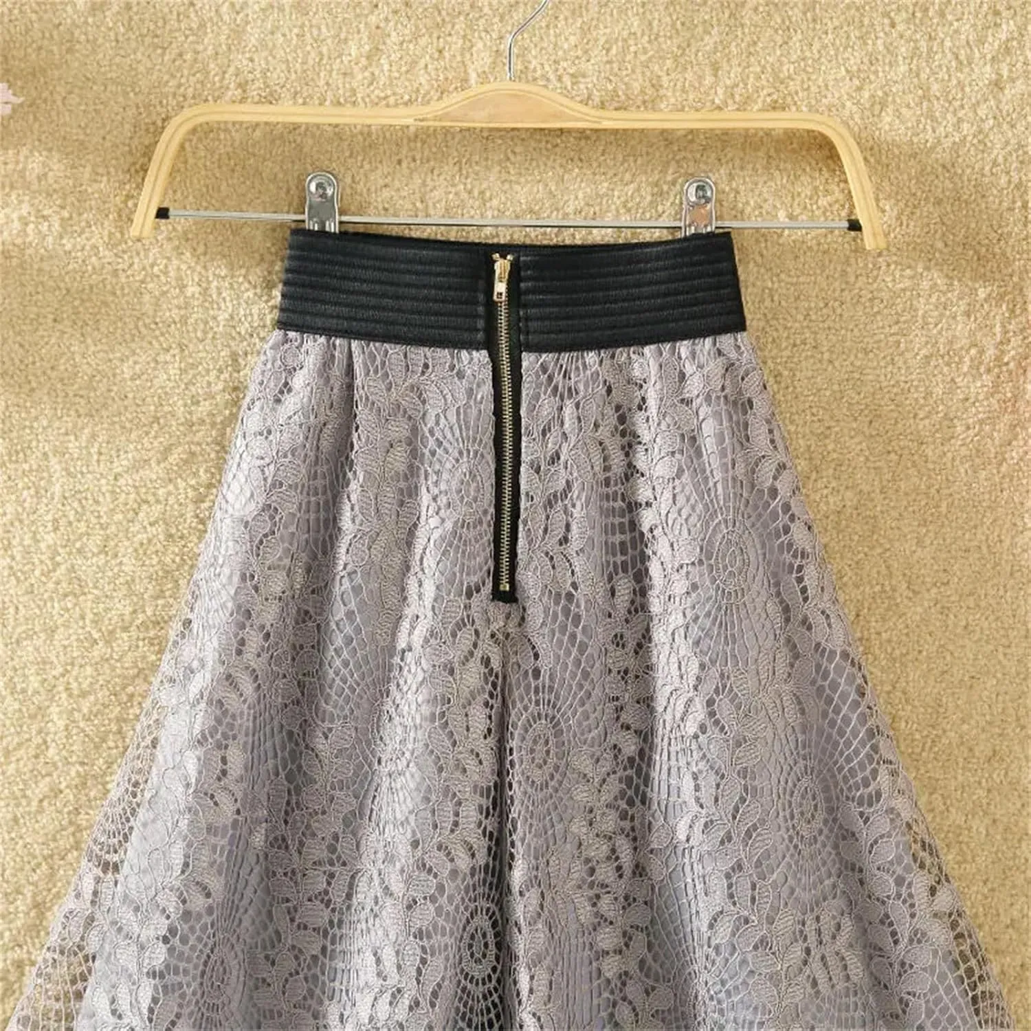 Women's Embroidered Lace Mid Skirt Summer Office High Waist Slim A-Line Skirt