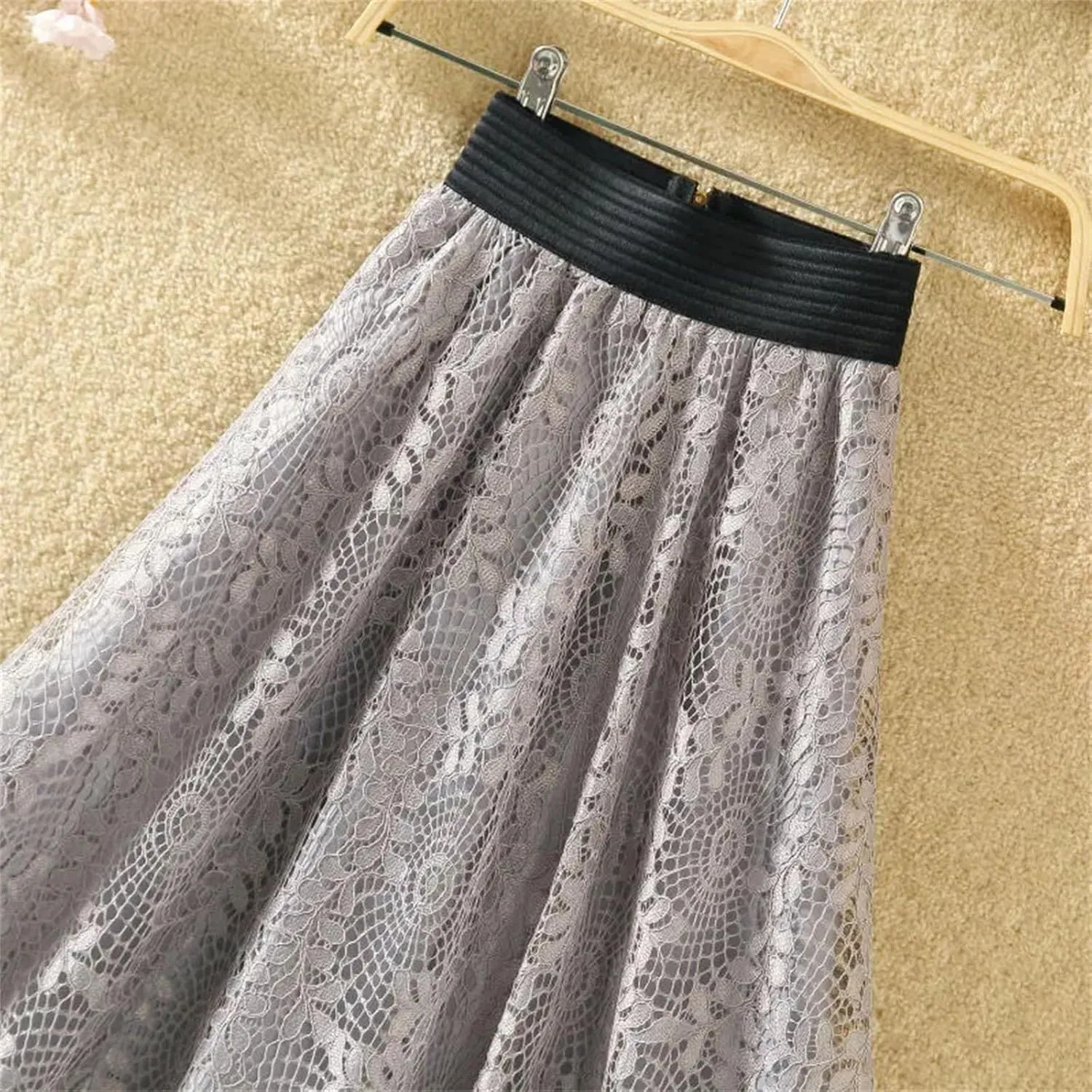 Women's Embroidered Lace Mid Skirt Summer Office High Waist Slim A-Line Skirt