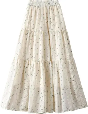 Women's Embroidery Floral A-Line Skirt Summer Korean High Waist Midi Skirt