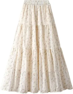 Women's Embroidery Floral A-Line Skirt Summer Korean High Waist Midi Skirt